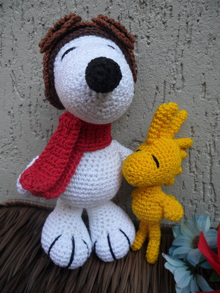 Snoopy Aviador e Woodstock de Crochê com Óculos Móvel