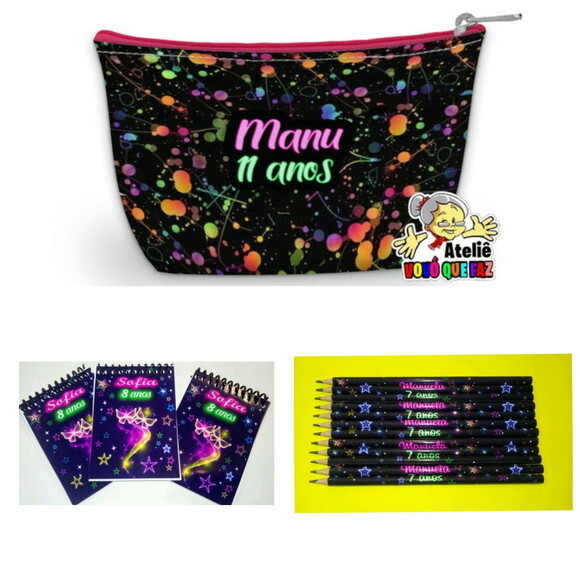 60 Kits Lápis, Bloquinho Necessaire Personalizada Neon