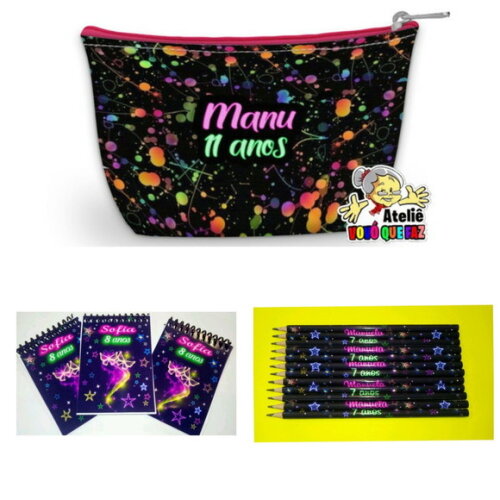 60 Kits Lápis, Bloquinho Necessaire Personalizada Neon