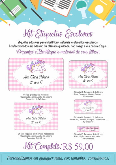 Kit Etiquetas Escolares - Tema Unicórnio