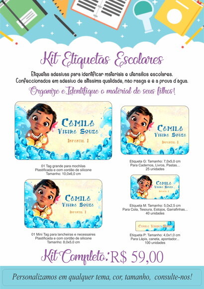 Kit Etiquetas Escolares - Tema Moana Baby