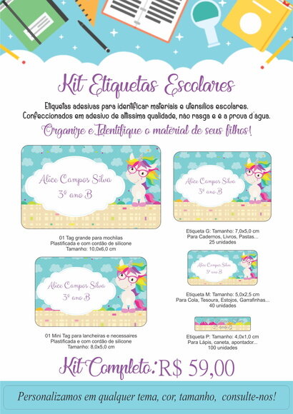 Kit Etiquetas Escolares - Tema Unicórnio