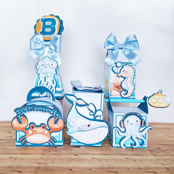 Kit 15 Caixas Personalizadas Fundo do Mar Menino