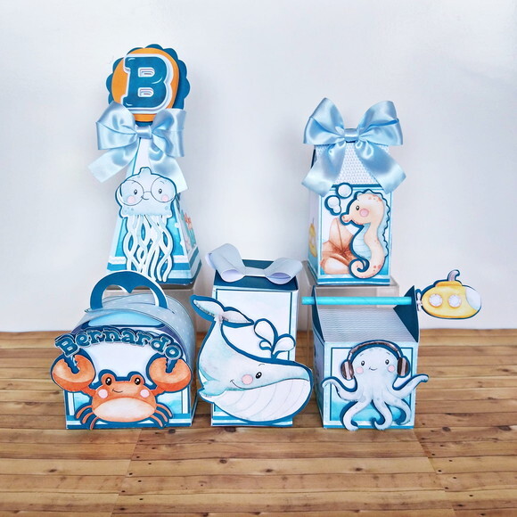 Kit 25 Caixas Personalizadas Fundo do Mar Menino