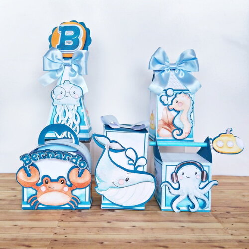 Kit 40 Caixas Personalizadas Fundo do Mar Menino