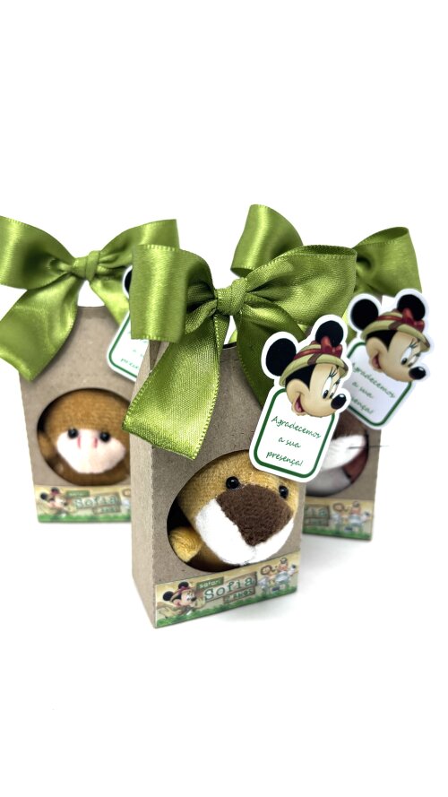 Lembrancinha Pelúcia Safari Minnie Caixinha Kraft Decorada com laço e tag