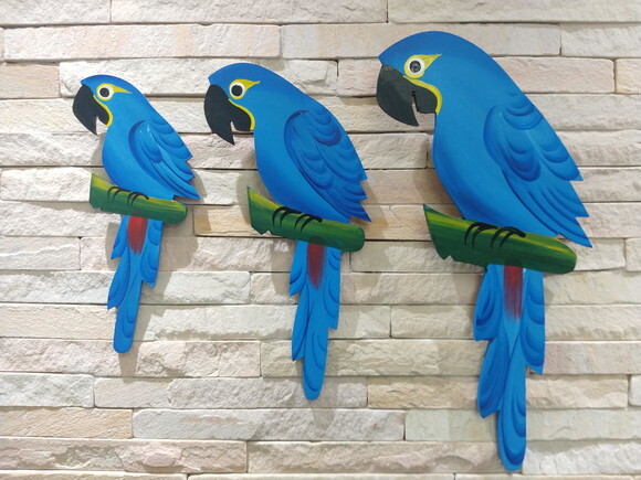 Trio de Arara G - Azul - Madeira - Quadro Decorativo