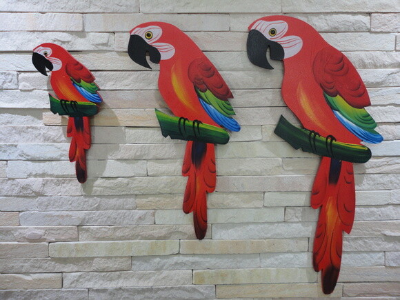 Trio de Arara G - Vermelha - Madeira - Quadro Decorativo