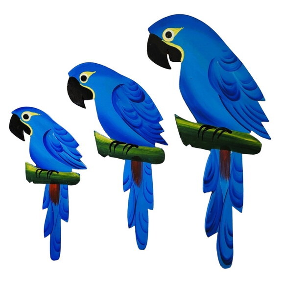 Trio de Arara M. - Azul - Madeira - Quadro Decorativo