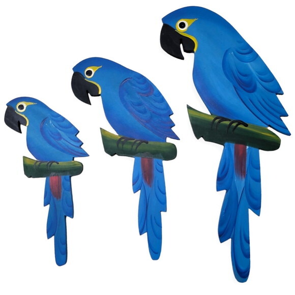 Trio de Arara M. - Azul - Madeira - Quadro Decorativo