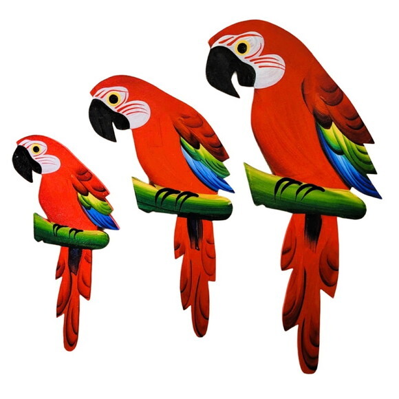 Trio de Arara M. - Vermelha - Madeira - Quadro Decorativo