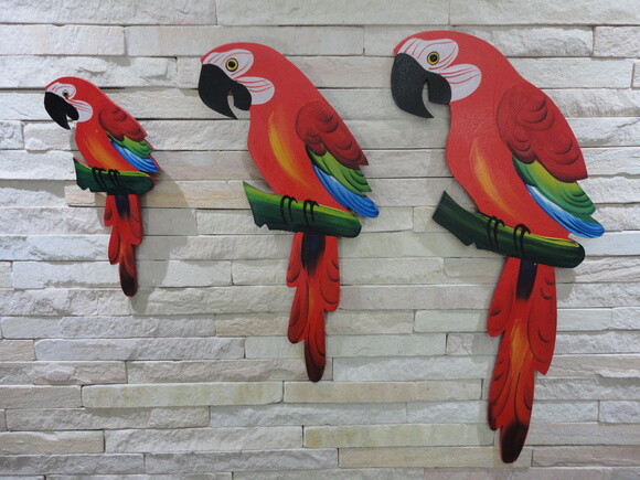Trio de Arara M. - Vermelha - Madeira - Quadro Decorativo