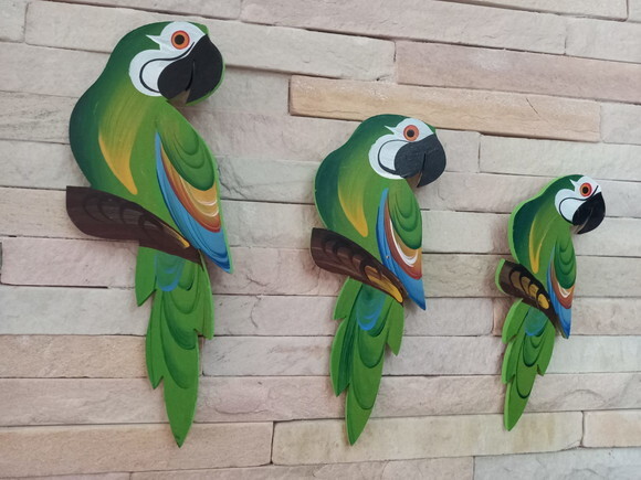 Trio de Arara P1 - Verde - Madeira - Parede Quadro