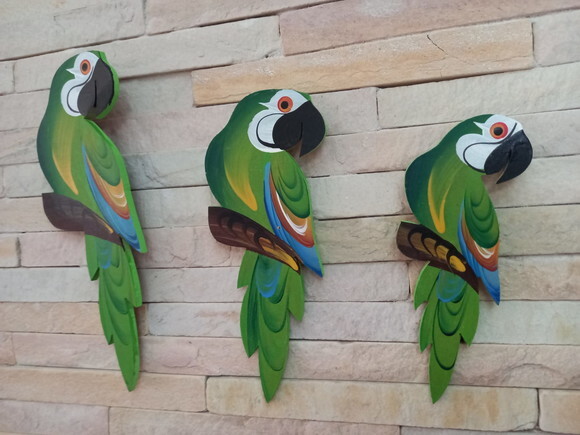 Trio de Arara P1 - Verde - Madeira - Parede Quadro