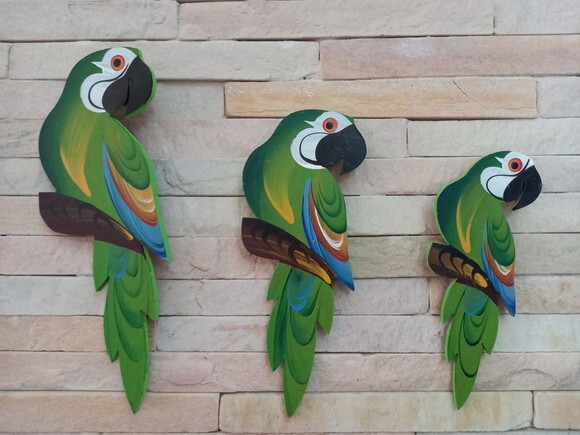 Trio de Arara P1 - Verde - Madeira - Parede Quadro