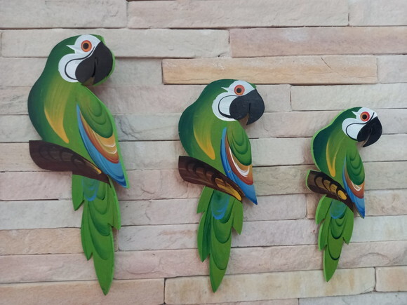 Trio de Arara P1 - Verde - Madeira - Parede Quadro