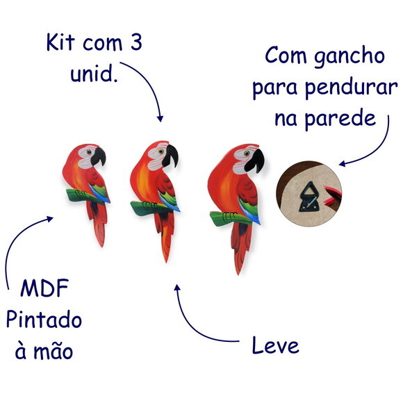 Trio de Arara P1 - Vermelha - Madeira - Parede Quadro