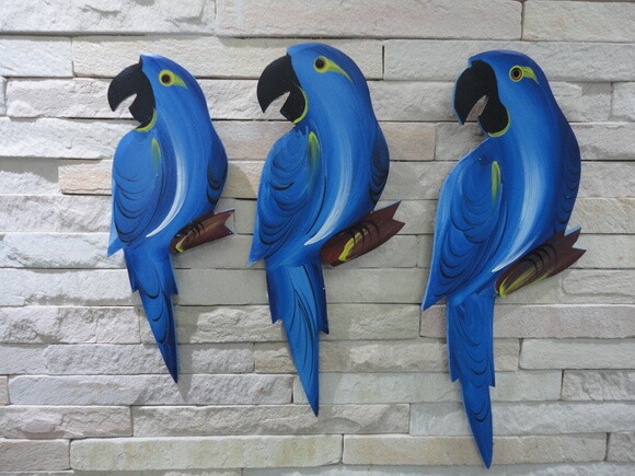 Trio de Arara P3 - Azul - Madeira - Quadro Decorativo