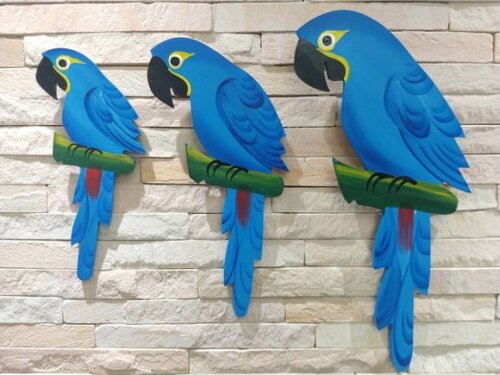 Trio de Arara G - Azul - Madeira - Quadro Decorativo