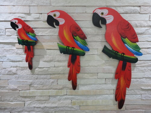 Trio de Arara G - Vermelha - Madeira - Quadro Decorativo