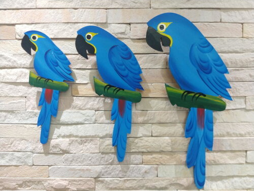 Trio de Arara M. - Azul - Madeira - Quadro Decorativo