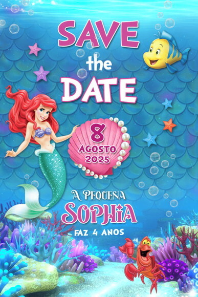 Convite + Save The Date C/tag Digital Pequena Sereia Ariel