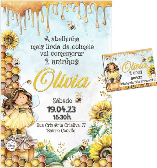 Convite Digital C/ Tag Boneca Abelhinha Com Girassóis 2
