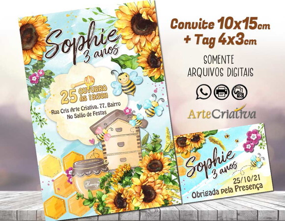 CONVITE DIGITAL C/ TAG Abelhinha com Girassóis