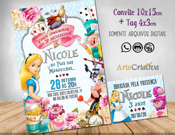 CONVITE DIGITAL C/TAG Alice no Pais das Maravilhas Vintage 3