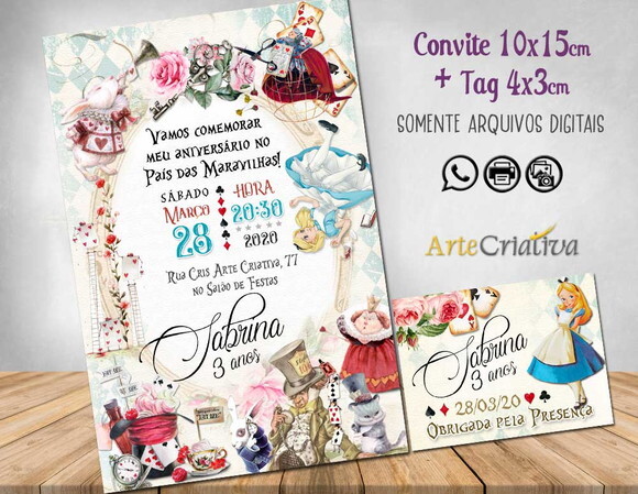 CONVITE DIGITAL C/TAG Alice no Pais das Maravilhas Vintage 2