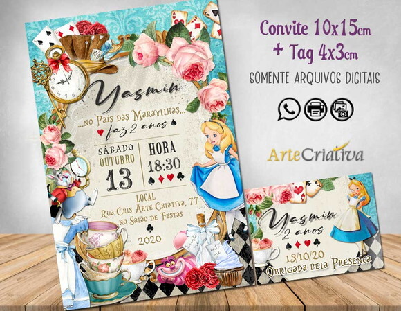 CONVITE DIGITAL C/TAG Alice no Pais das Maravilhas Vintage 1