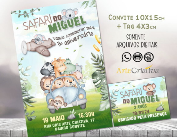 Convite Digital C/tag Animais Safari Baby Aquarela