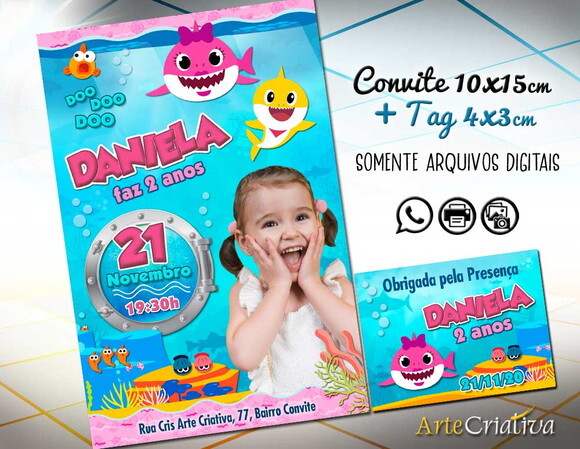 CONVITE DIGITAL C/TAG Baby Shark Menina com Foto