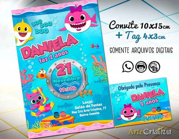 CONVITE DIGITAL C/TAG Baby Shark Menina