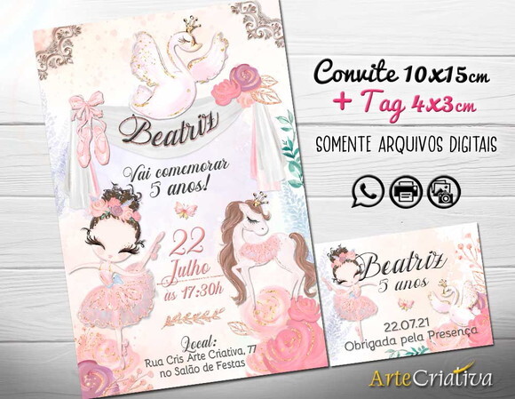 CONVITE DIGITAL C/TAG Bailarina Aquarela Cisne Rosa