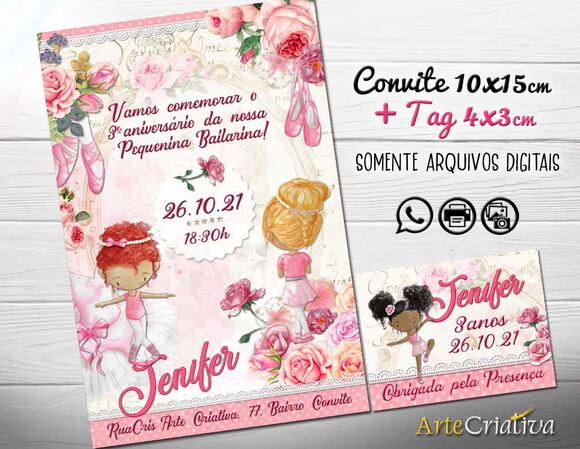CONVITE DIGITAL C/TAG Bailarina Aquarela Vintage 1