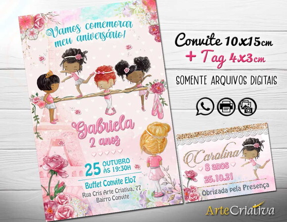 CONVITE DIGITAL C/TAG Bailarina Aquarela Vintage 5