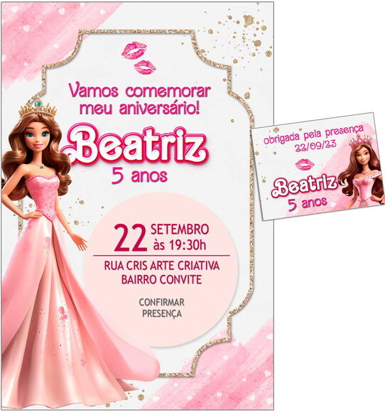 Convite Digital C/tag Boneca Barbie Rosa