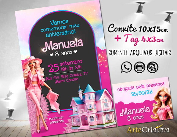 Convite Digital C/tag Boneca Barbie Rosa 4