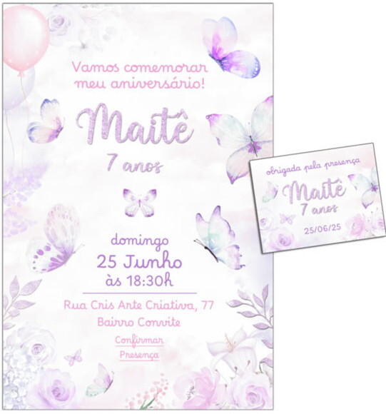 Convite Digital C/tag Borboleta e Flor Lilás