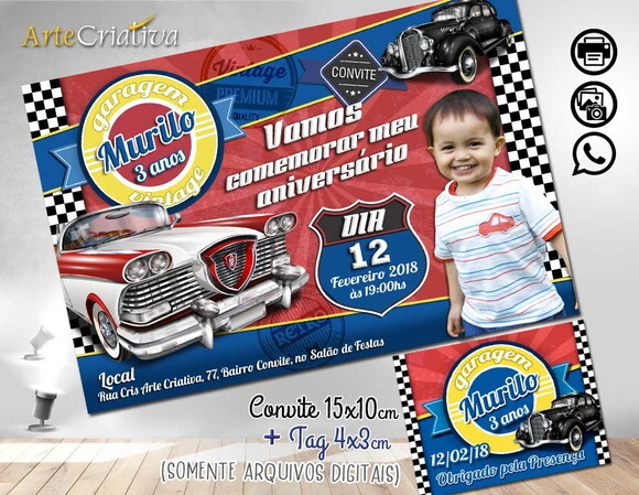 CONVITE DIGITAL C/TAG Carro Vintage Infantil 3