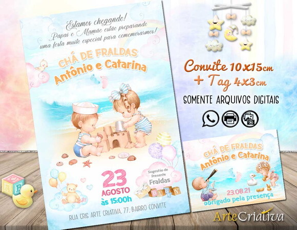 CONVITE DIGITAL C/TAG Chá de Bebê Gêmeos na Praia