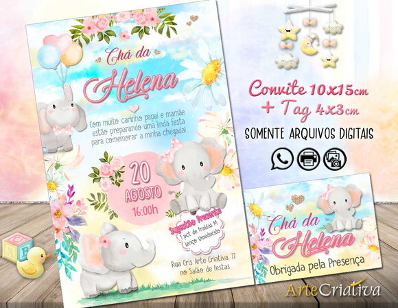 CONVITE DIGITAL C/TAG Chá de bebê Menina Elefantinho