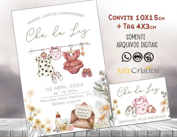 Convite Digital C/tag Chá de Bebê Menina Roupinha Boho 1