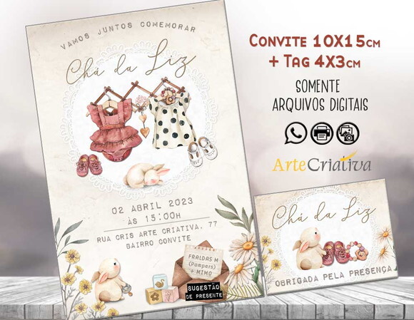 Convite Digital C/tag Chá de Bebê Menina Roupinha Boho 2