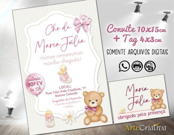 Convite Digital C/tag Chá de Bebê Menina Ursinha