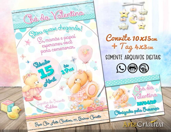 CONVITE DIGITAL C/TAG Chá de bebê Menina Ursinho 1