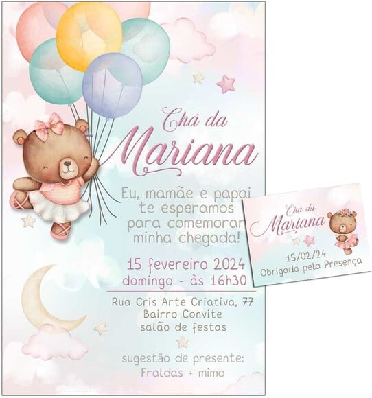 Convite Digital C/tag Chá de Bebê Menina Ursinho Bexiga