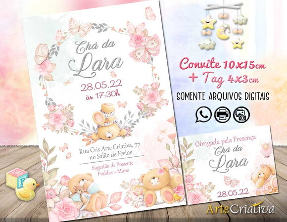 CONVITE DIGITAL C/TAG Chá de bebê Menina Ursinho e Borboleta