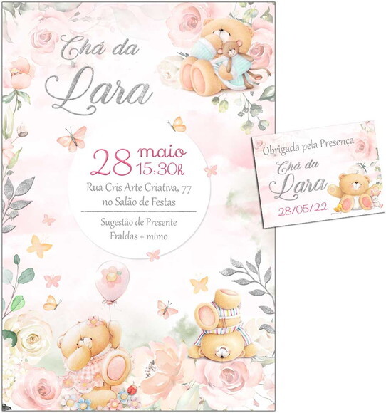 CONVITE DIGITAL C/TAG Chá de bebê Menina Ursinho e Flores